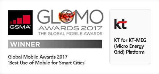 GSMA, GLOMO awards 2017 the global mobile award, winner best use of mobile for smart cities. kt for kt-meg(micro energy grid) platform