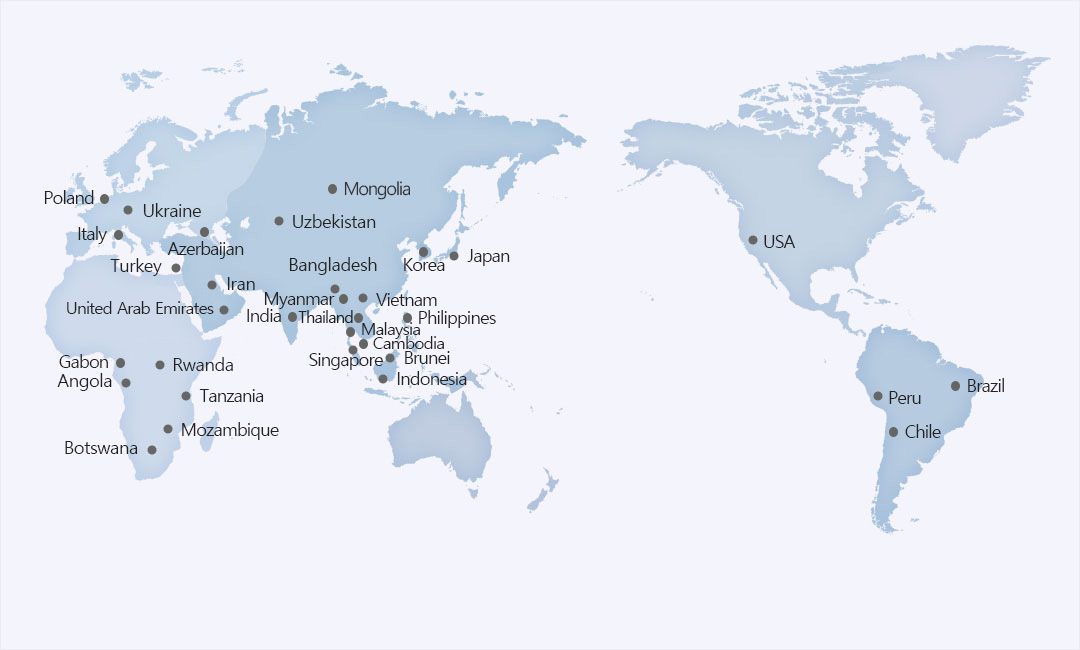 Poland, Ukraine, Italy, Azerbaijan, Turkey, Bangladesh, Mongolia, Uzbekistan, Korea, Japan, Iran, Myanmar, Vietnam, United Arab Emirates, India, Thailand, Philippines, Malaysia, Cambodia, Gabon, Rwanda, Singapore, Brunei, Angola, Indonesia, Tanzania, Mozambique, Botswana, USA, Peru, Chile, Brazil notation map.
