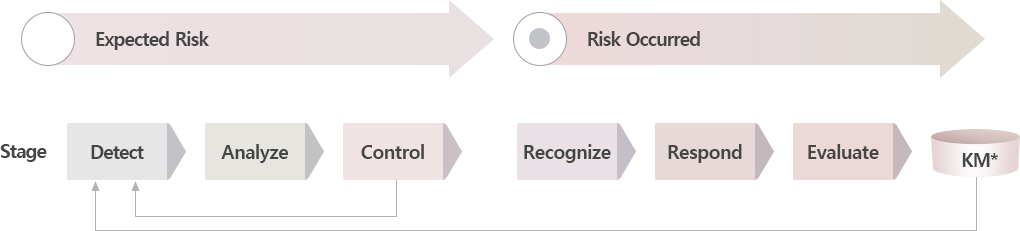 Expected Risk,Risk Occurred image. Stage: Detect, Analyze, Control, Recognize, Respond, Evaluate, KM*. Control and KM are feed back to Detect.